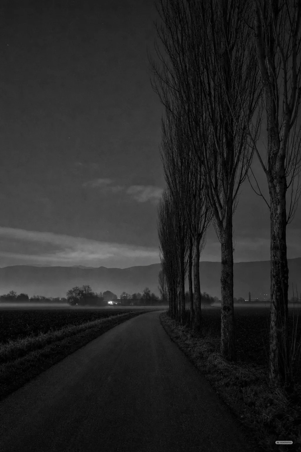 Leere Landstrasse bei Nacht zwischen flachen Feldern, Pappelreihe am Rand (AI-generiertes Bild)
