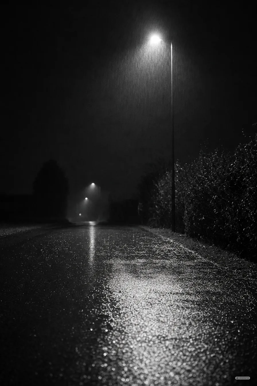 Regen im Lichtkegel einer Strassenlampe auf nassem Asphalt bei Nacht (AI-generiertes Bild)