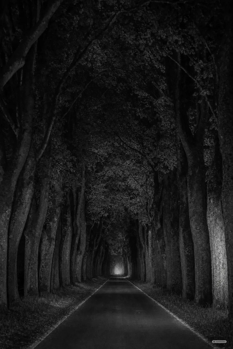 Allee alter hoher Bäume über einer geraden Strasse bei Nacht (AI-generiertes Bild)