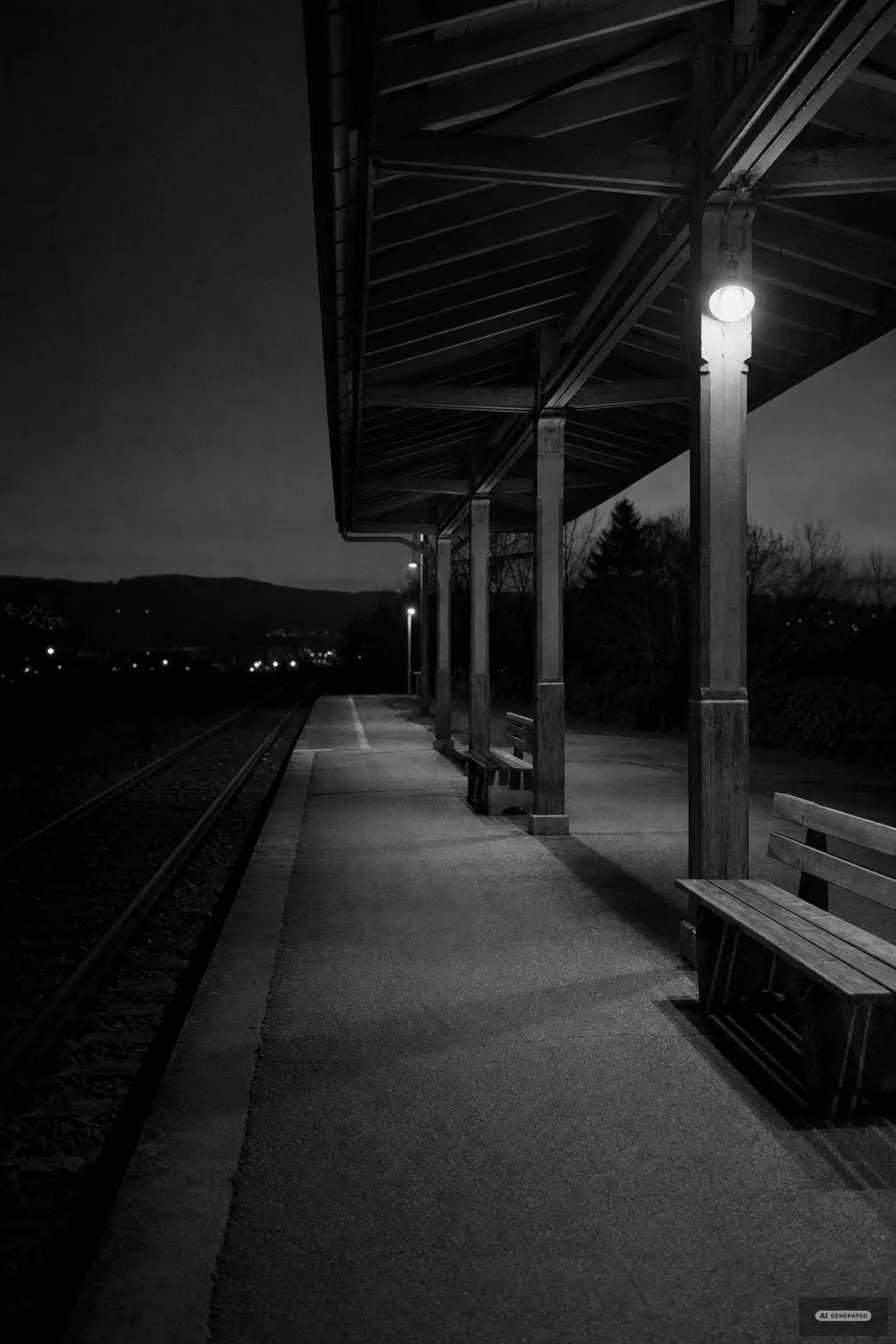 Leerer kleiner Bahnsteig bei Nacht, eine Bahnhofsuhr im Vordergrund (AI-generiertes Bild)