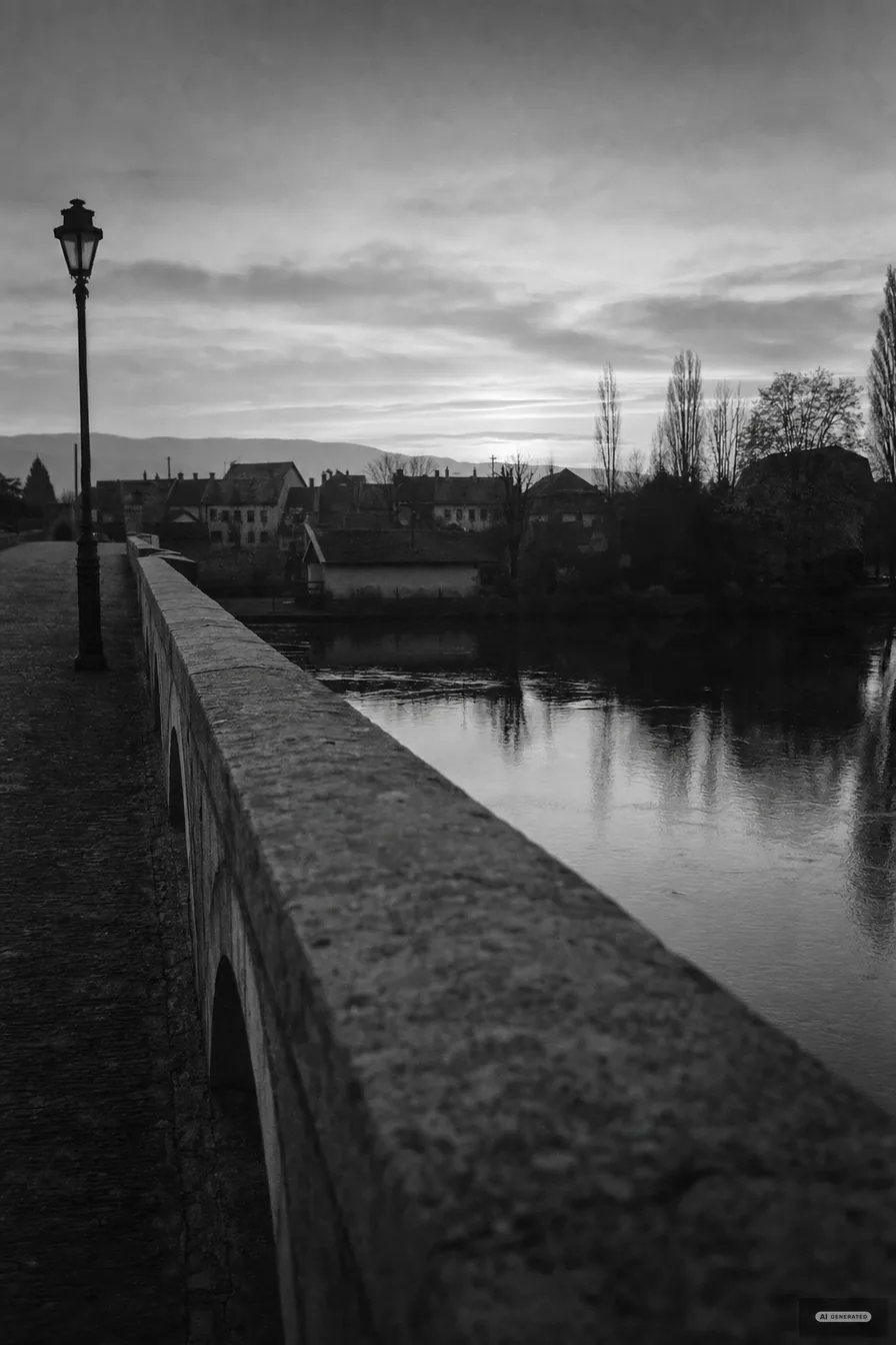Alte steinerne Strassenbrücke über einen breiten, ruhigen Fluss im Morgengrauen (AI-generiertes Bild)