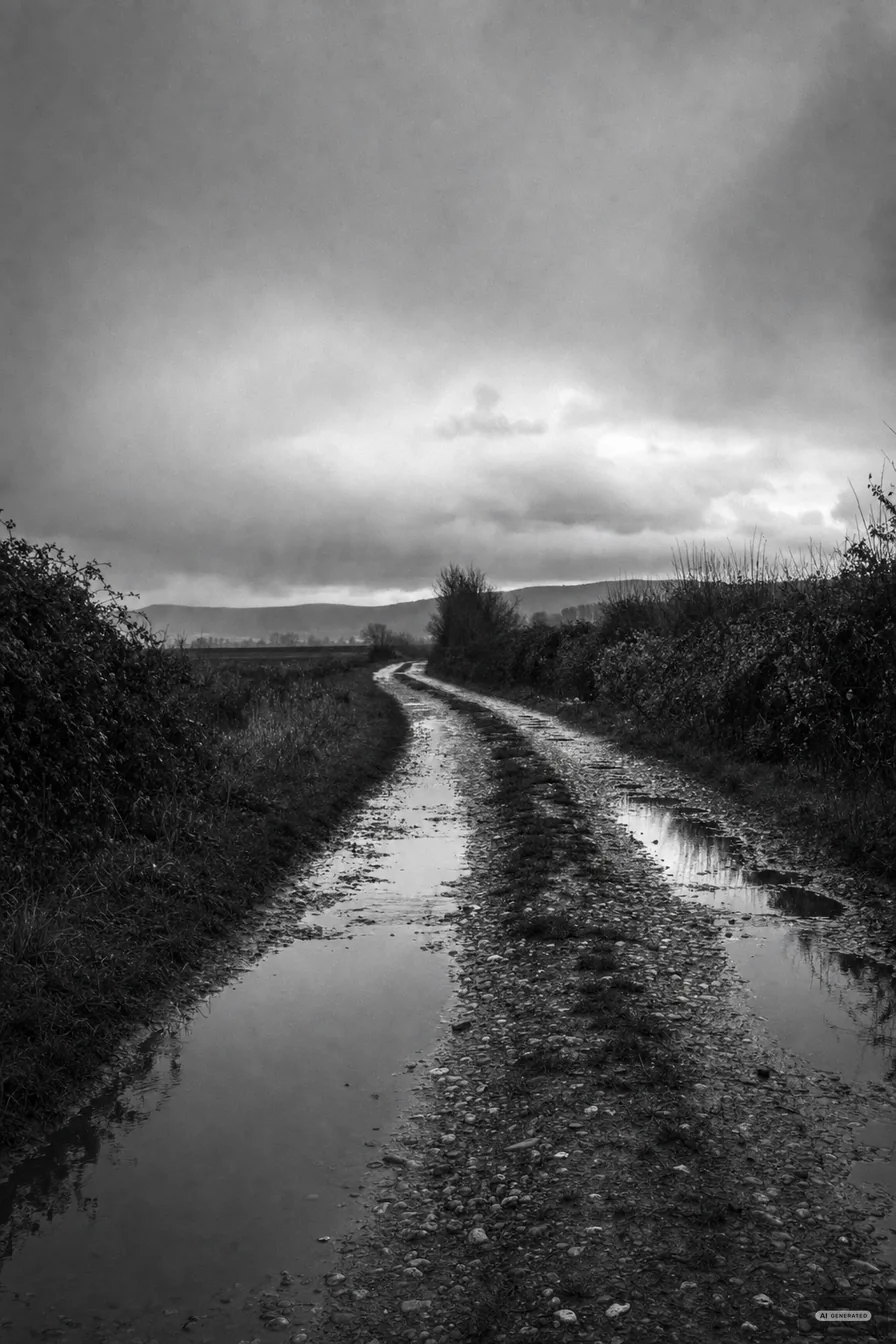 Kiesiger Feldweg mit Pfützen nach dem Regen zwischen offenen Feldern (AI-generiertes Bild)
