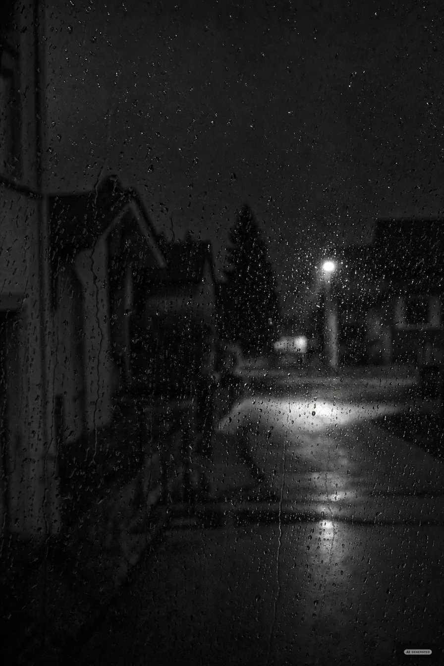 Blick durch eine regennasse Fensterscheibe bei Nacht auf eine leere Dorfstrasse (AI-generiertes Bild)