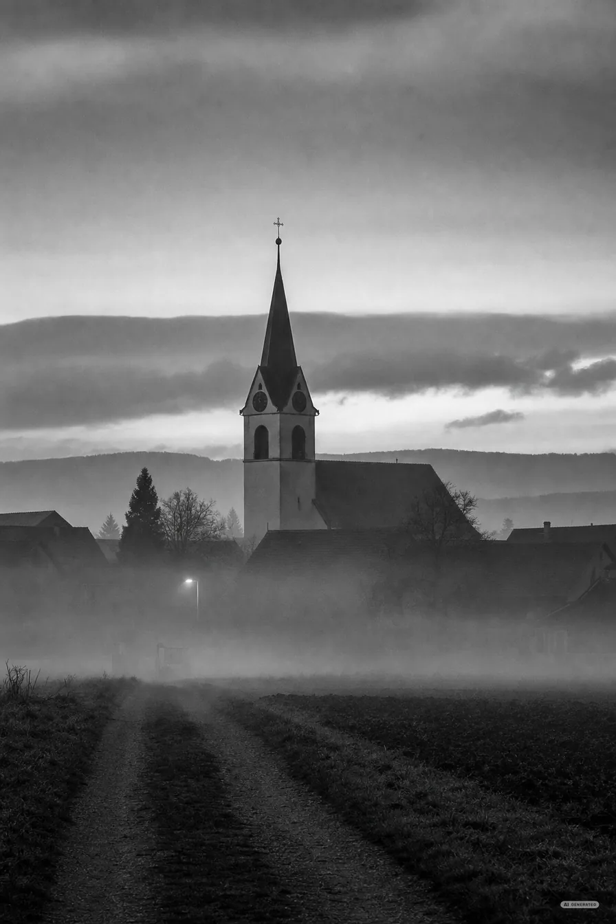 Dorfkirchturm über niedrigen Dächern im ersten Morgenlicht (AI-generiertes Bild)