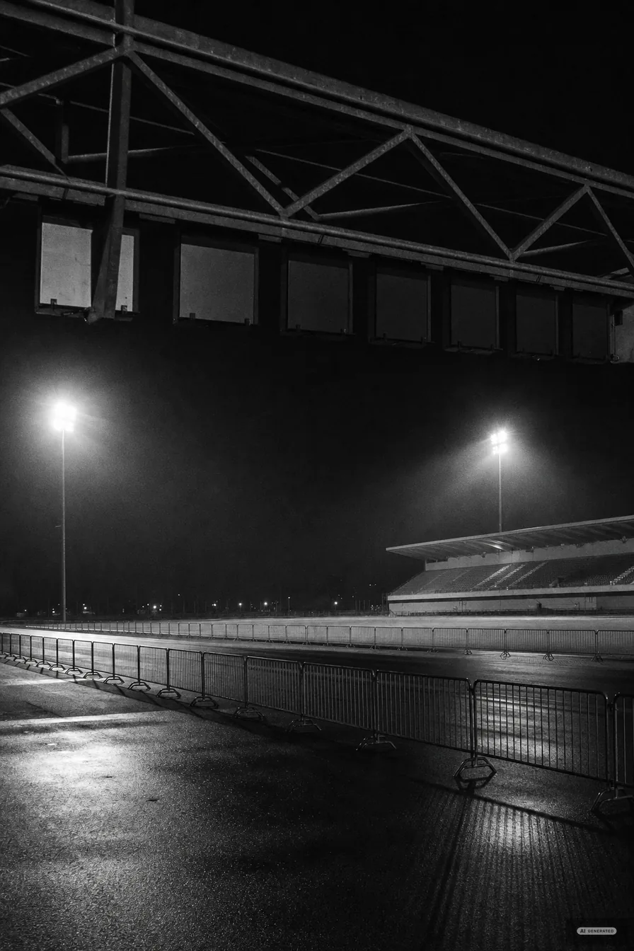 Leerer Stadionvorplatz bei Nacht unter Flutlicht, Absperrgitter in Reihen (AI-generiertes Bild)
