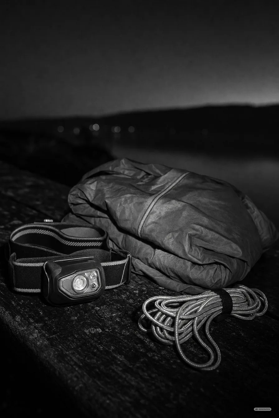 Stillleben auf dunklem Holz: eine ausgeschaltete Stirnlampe, eine gefaltete Windjacke, aufgerollte Reflektorschnur (AI-generiertes Bild)