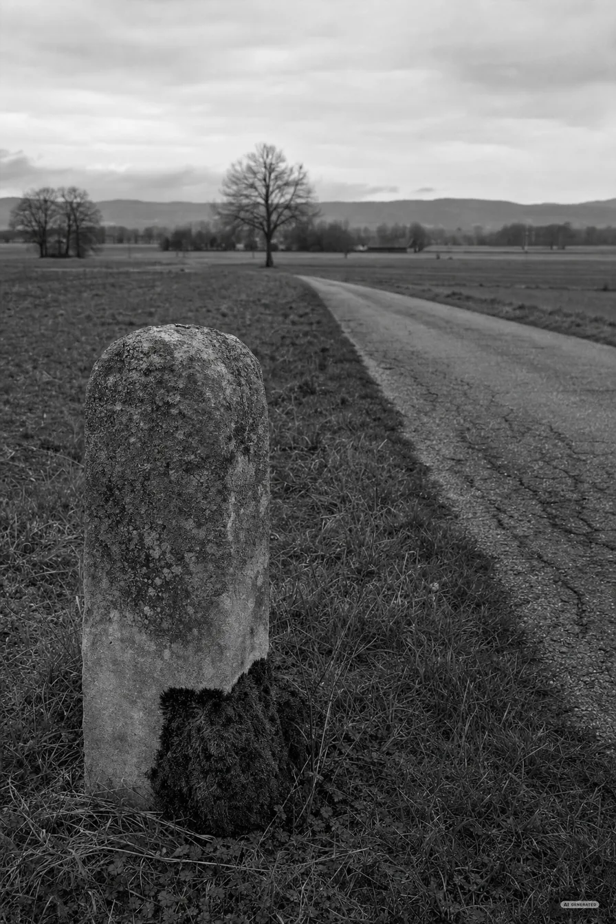 Abgenutzter steinerner Kilometerstein am Rand einer alten Landstrasse, Moos am Sockel (AI-generiertes Bild)