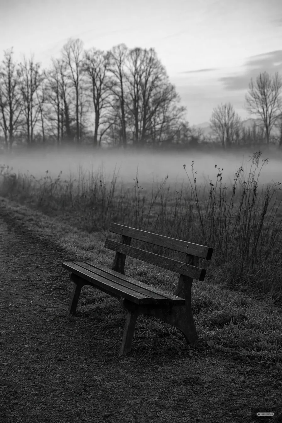 Leere Holzbank an einem Kiesweg im ersten Licht, Nebel über dem Gras (AI-generiertes Bild)