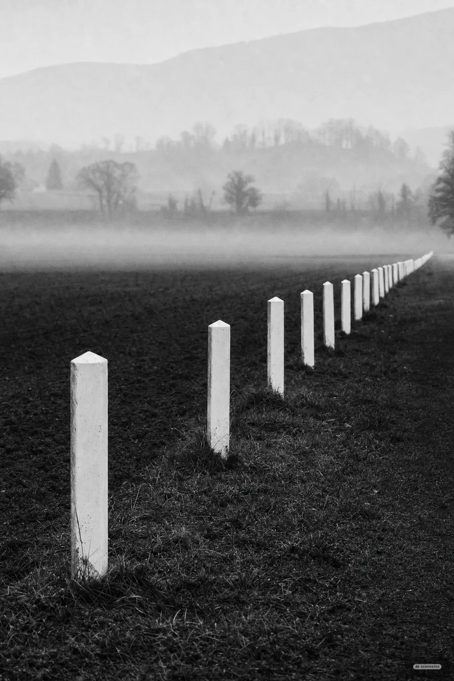 Lange Reihe gleicher weisser Markierungspfosten am Feldrand, in flachem Morgennebel verschwindend (AI-generiertes Bild)