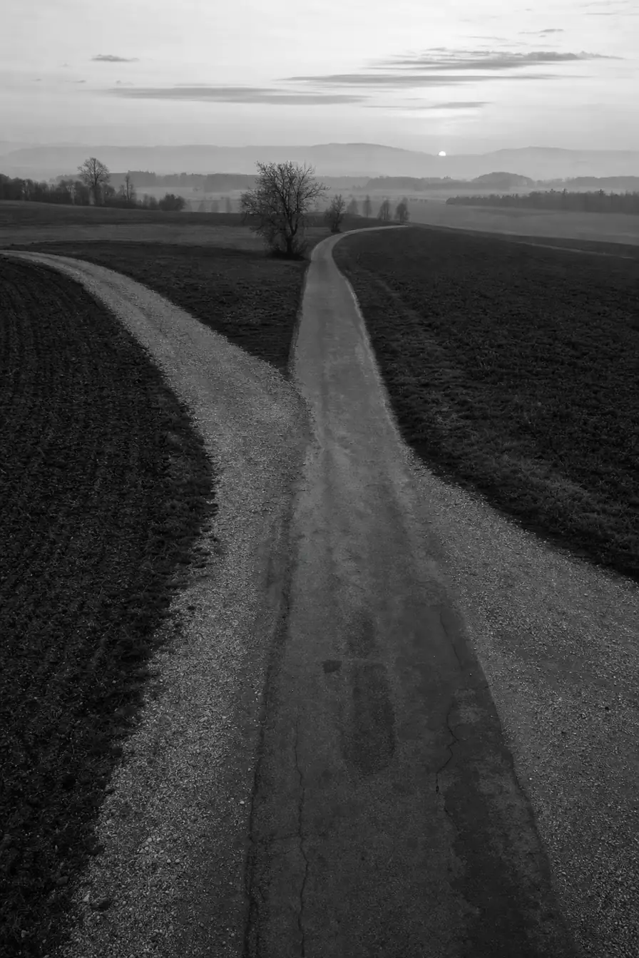 Kreuzung zweier schmaler Landstrassen aus der Höhe im Morgengrauen, offene Felder in alle Richtungen (AI-generiertes Bild)