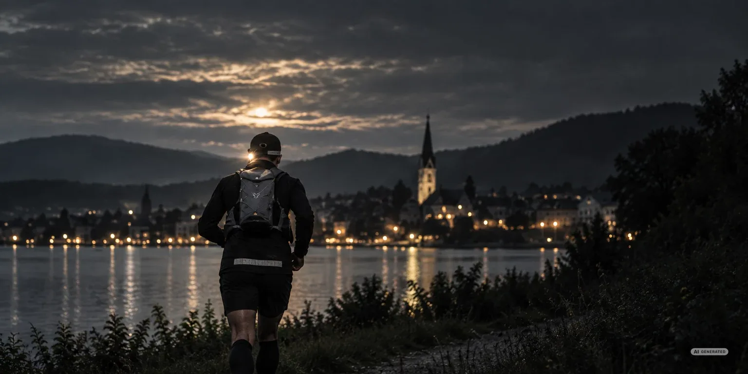 Erschöpfter Läufer von hinten, auf die Lichter von Biel bei Sonnenaufgang zulaufend (AI-generiertes Bild)