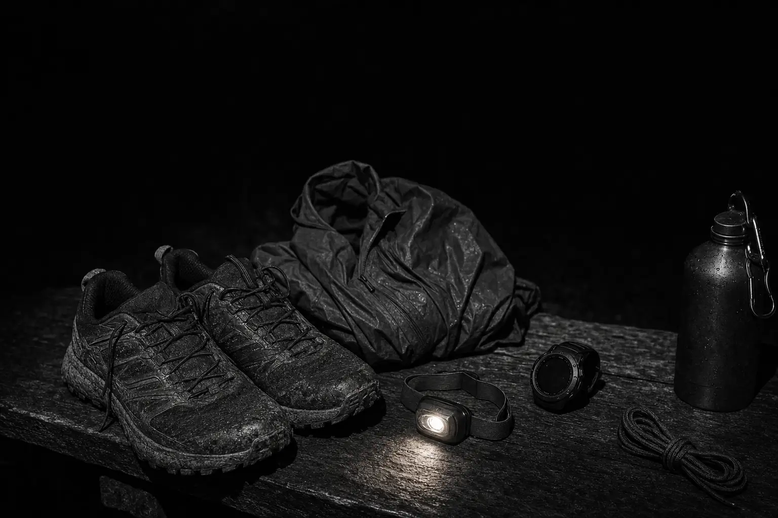 Stillleben auf einer Holzbank: getragene Laufschuhe, Stirnlampe, Sportuhr, Warnweste und Streckennotizen (AI-generiertes Bild)