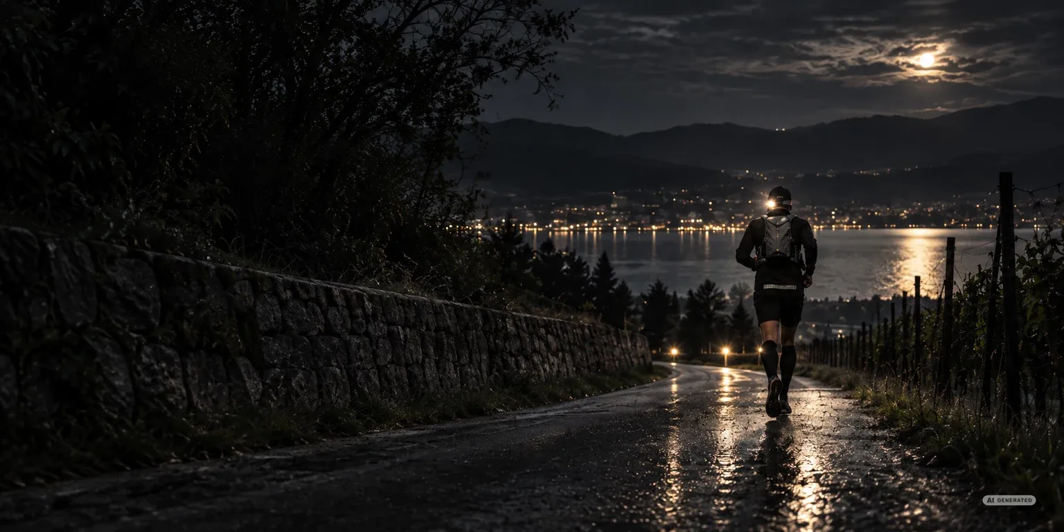 Nasse Landstrasse bei Nacht am Bielersee, ein einzelner Ultraläufer von hinten mit Stirnlampe (AI-generiertes Bild)