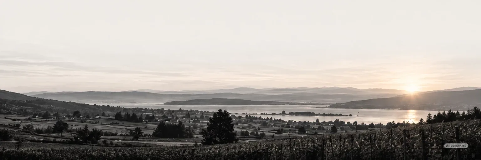 Panorama über den Bielersee und das Seeland am frühen Morgen (AI-generiertes Bild)