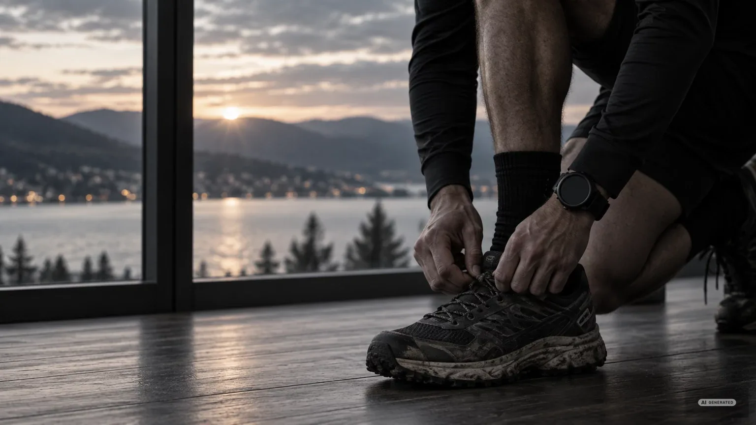 Läufer bindet in der Dämmerung vor einem Fenster die Laufschuhe, Bildausschnitt ab der Hüfte (AI-generiertes Bild)