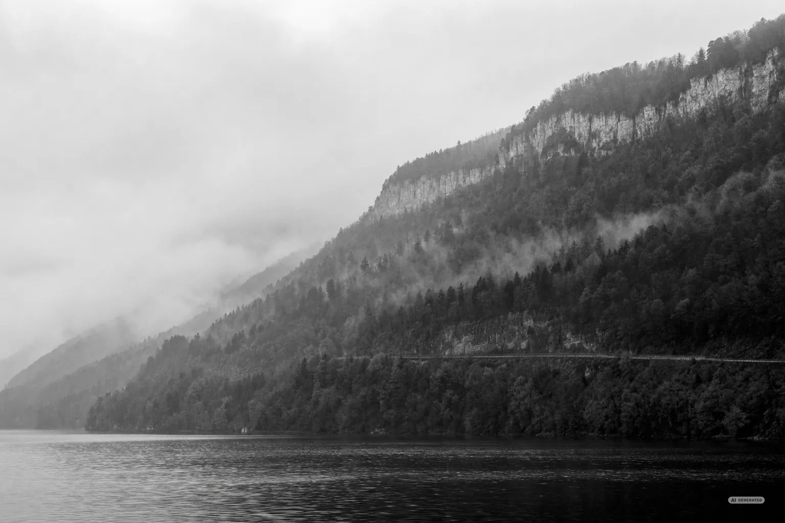 Bewaldeter Südhang eines Kalksteinrückens über einem grossen See im Morgengrauen, Nebel in den Bäumen (AI-generiertes Bild)