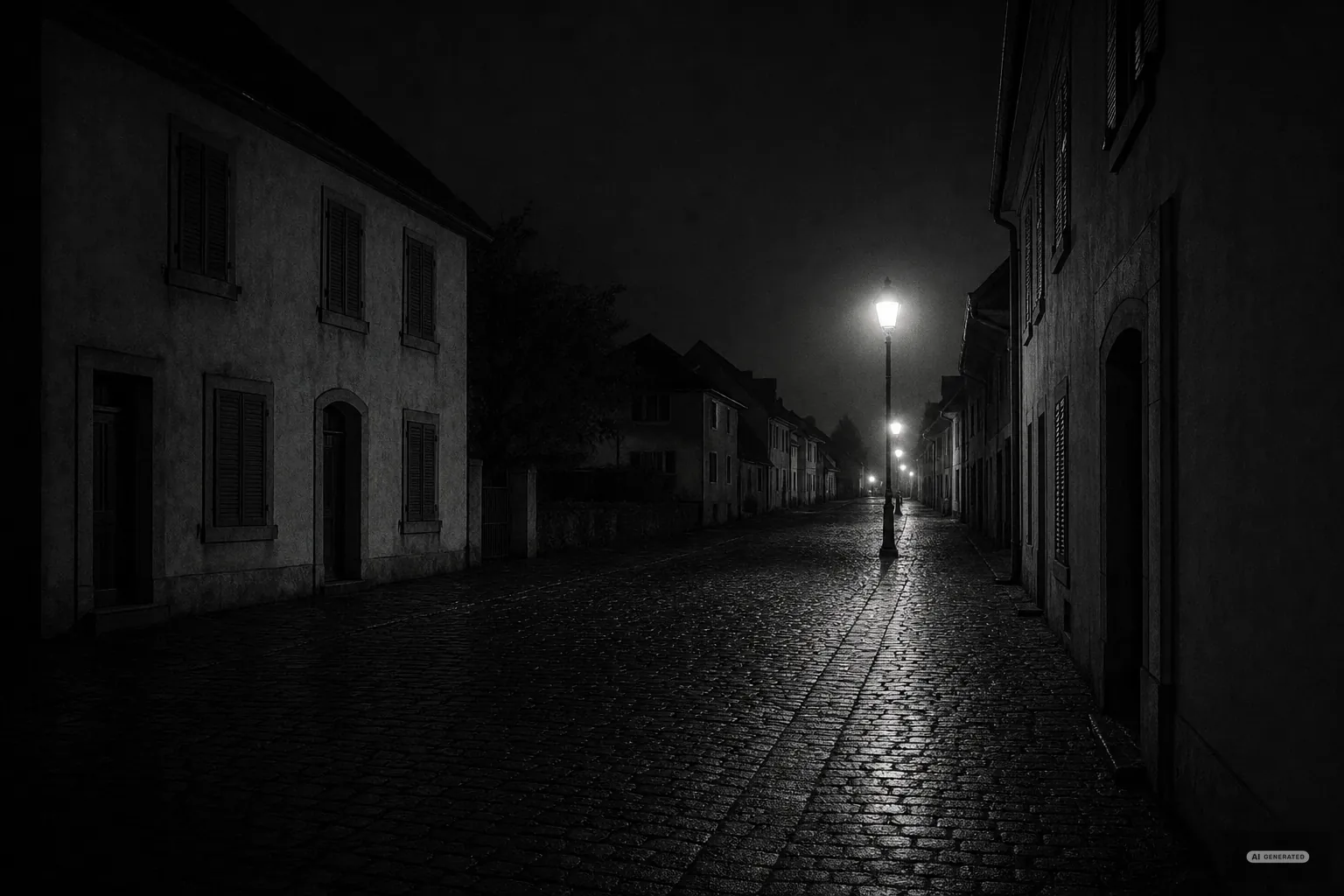 Menschenleere Dorfstrasse in tiefer Nacht, eine Reihe warmer Strassenlaternen auf nassem Kopfsteinpflaster (AI-generiertes Bild)