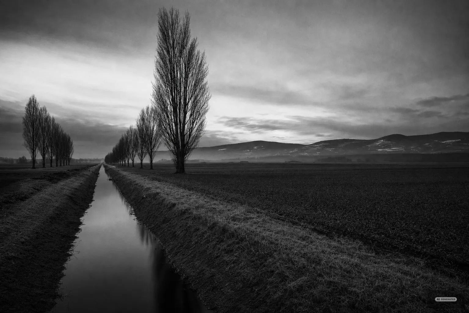 Weite flache Ackerlandschaft des Seelands im ersten grauen Licht, gerade Entwässerungskanäle und Pappelreihen (AI-generiertes Bild)